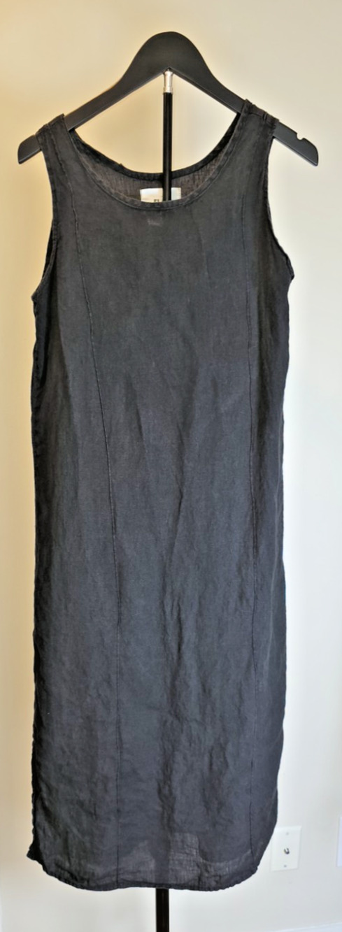 VTG 90s FLAX Linen Slipster Maxi Dress Black Petite Lagenlook Side Slits